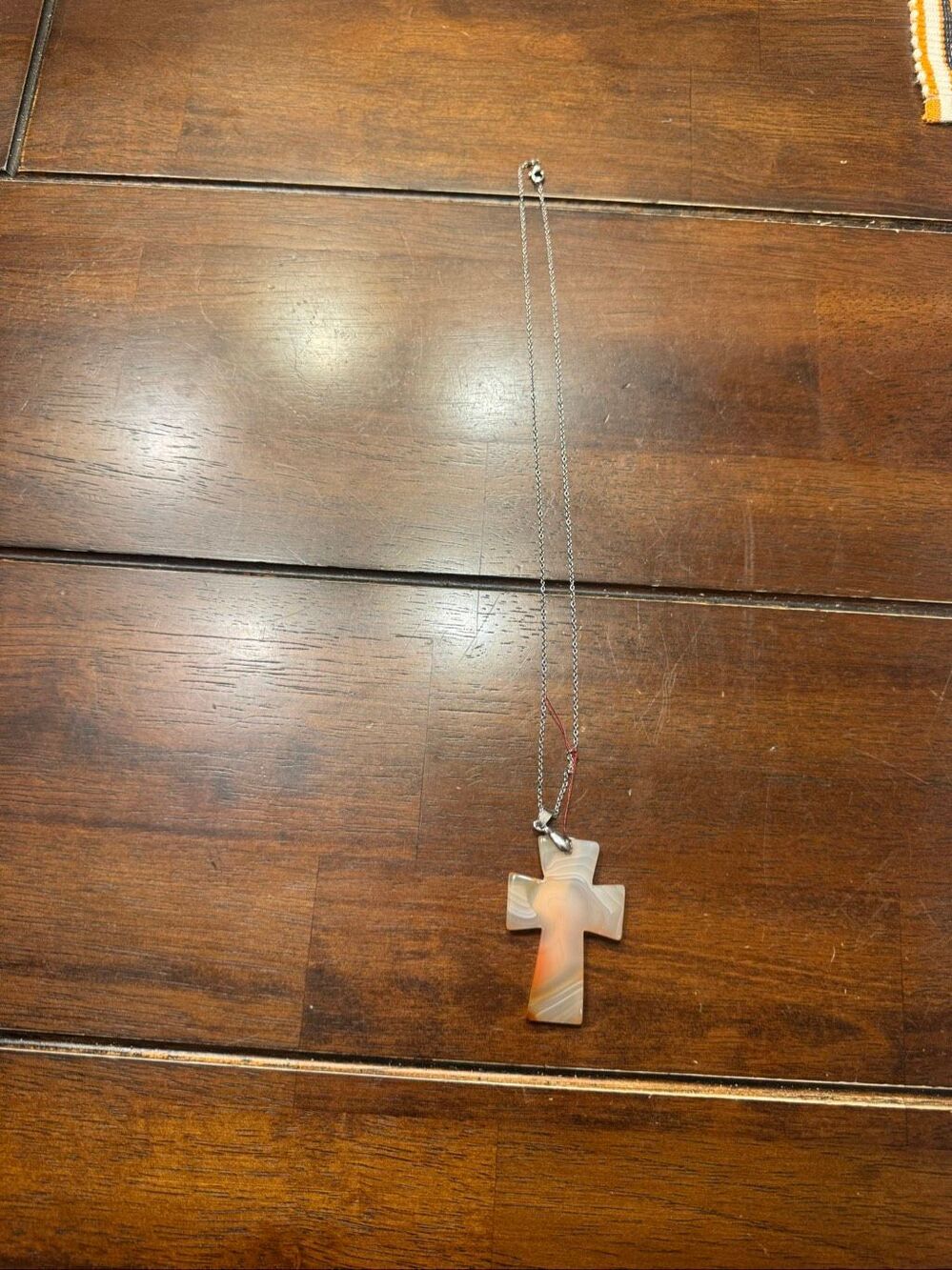 Banded Agate Stone Cross Pendant Necklace KGP Long Chain Peach White